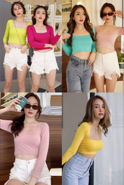 Long Sleeves Square Neck Crop Tops